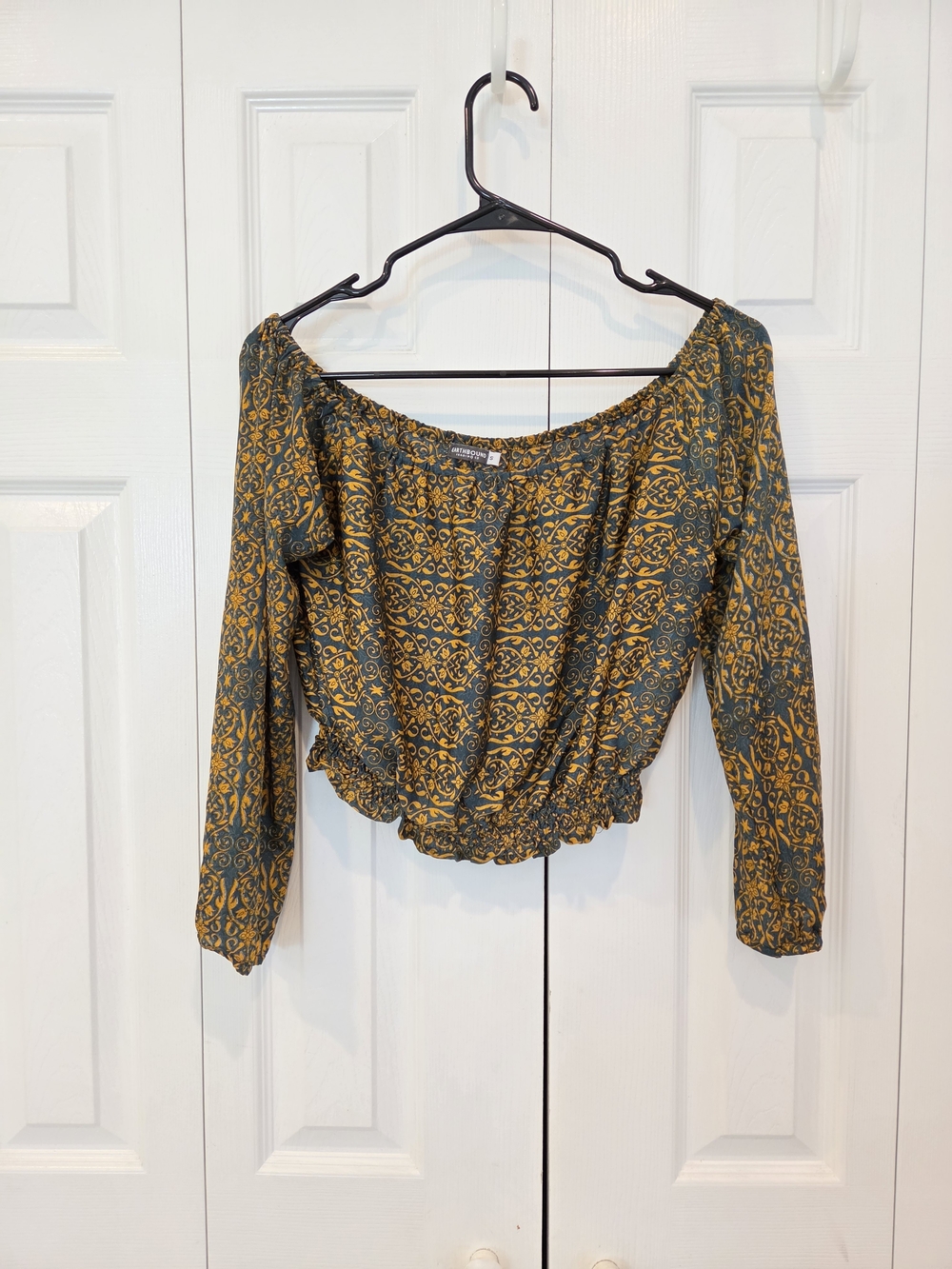 Off-Shoulder Floral-Print Crop Blouse in Mustard and Olive